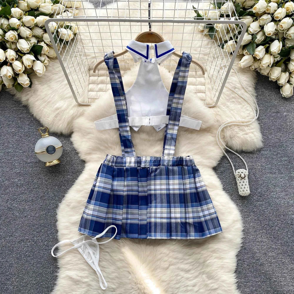Girls Sexy Cute Japanese JK Uniform  Mini Checkered Strap Skirt Off Shoulder High Waist Elastic Cosplay Dress Hot Sweet Pajama