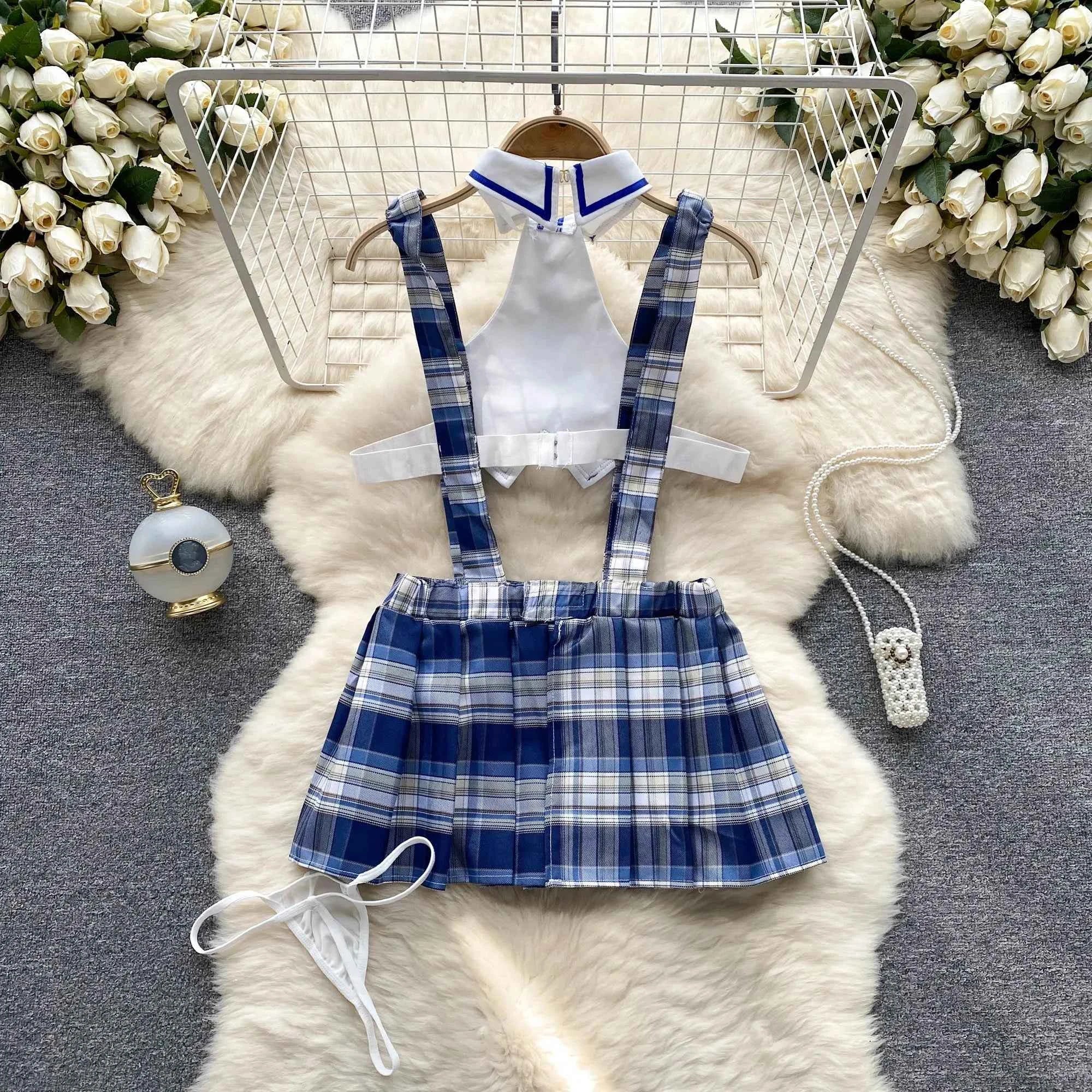 Girls Sexy Cute Japanese JK Uniform  Mini Checkered Strap Skirt Off Shoulder High Waist Elastic Cosplay Dress Hot Sweet Pajama