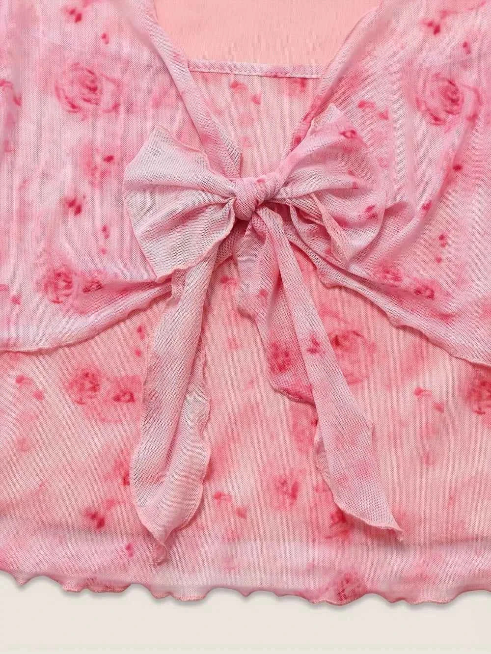 Women's T-Shirt Floral Printed Sweet V-Neck Mesh Summer Vacation Swimsuit Top Flare Long Sleeve Bow Tie Lace Up Woman Clothing