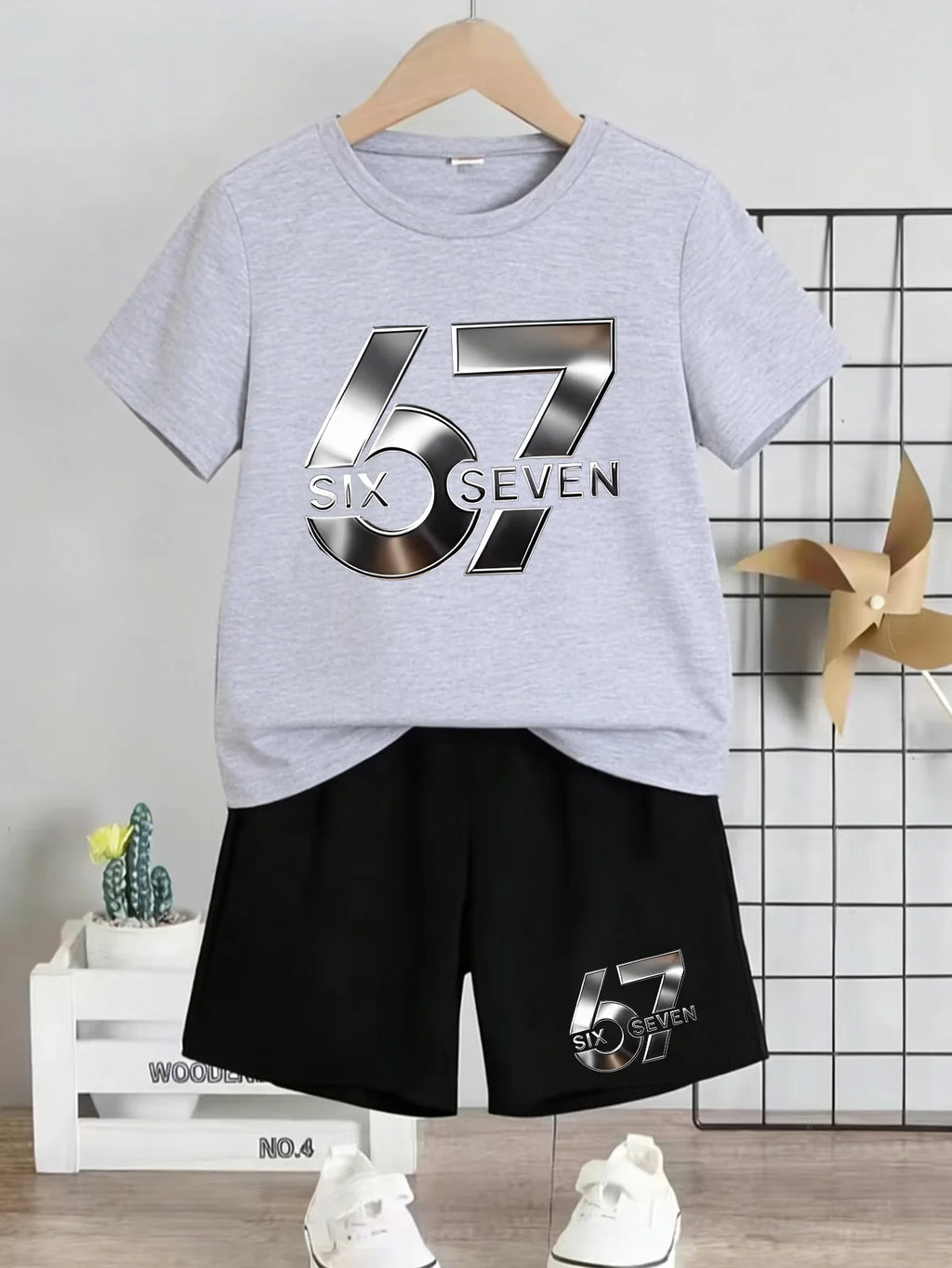 Boy And Girl 67 Six Seven Print Children's Set,Casual Fashionable Comfortable Versatile Short-Sleeved T-Shirt+Shorts 2-Piece Set