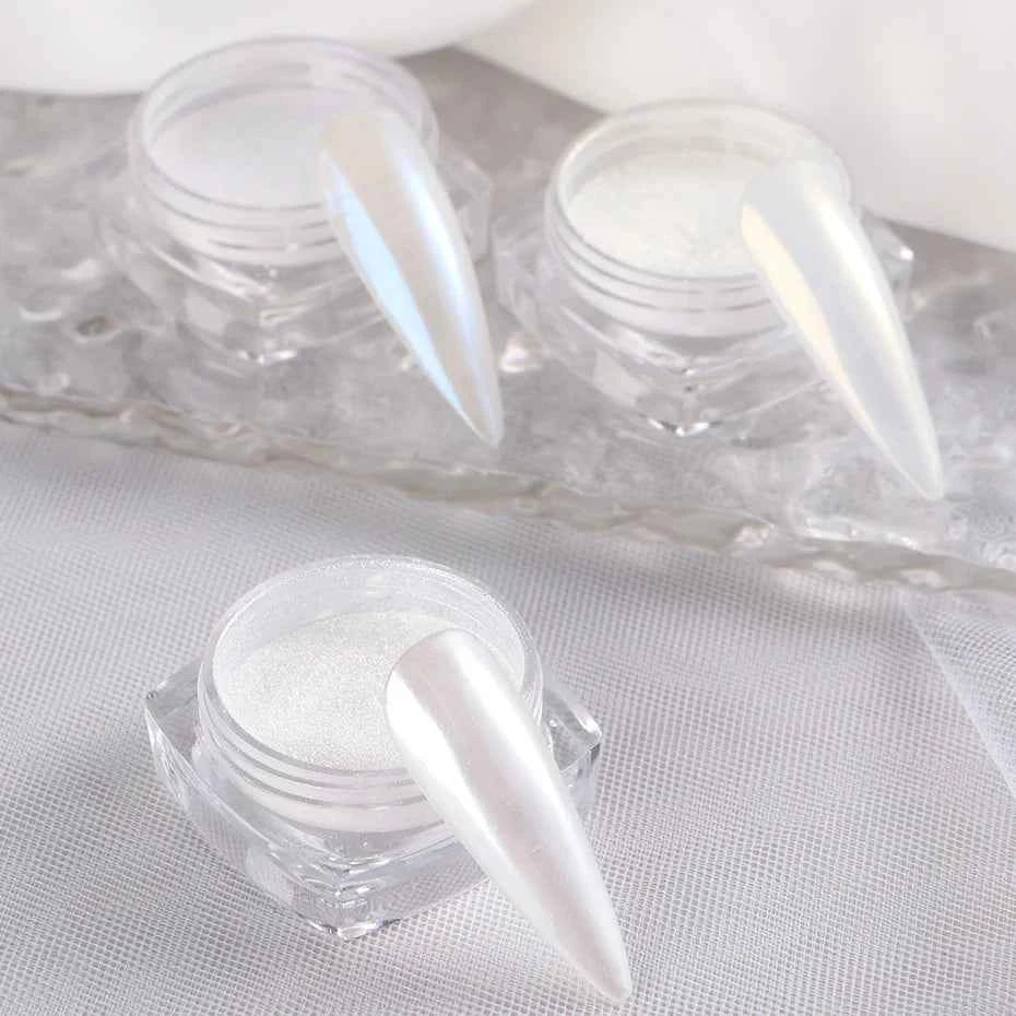 Moonlight Pearl White Nails Glitter Dust Chrome Aurora White Rubbing on Powder Shell Mirror Pigment Nail Art Supplies Decoration