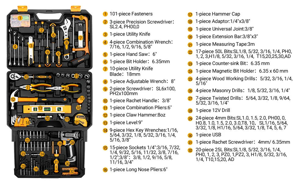 DEKO Home Mechanic Toolbox with 12V Power Cordless Drill Hand Repair Tools Sets Combo Kits Storage Organizer Drawer Case