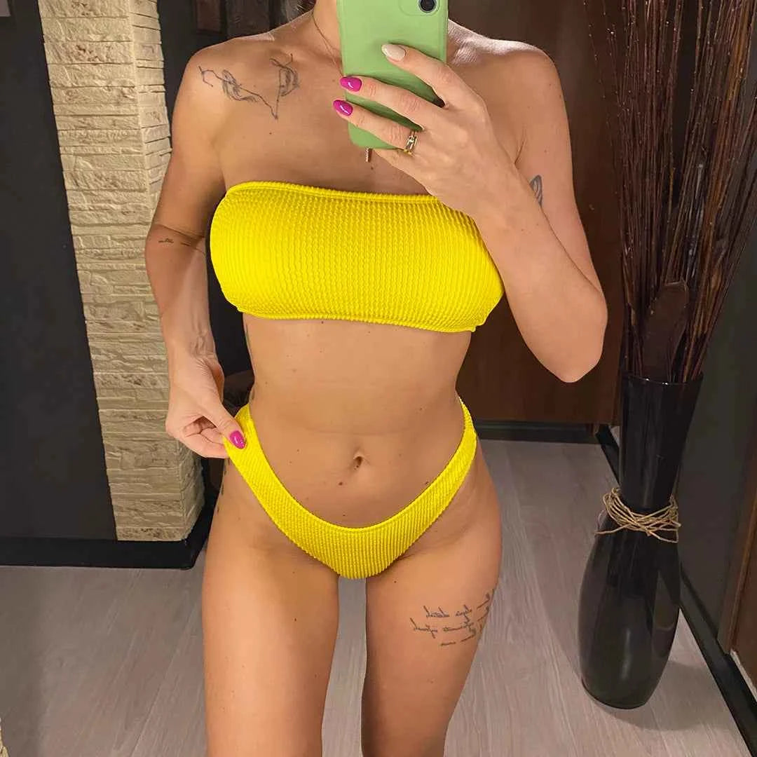 Bandeau Wrinkled Crinkled Bikini Female Swimsuit Women Swimwear Two-pieces Bikini set High Cut Bather Bathing Suit Swim V3314