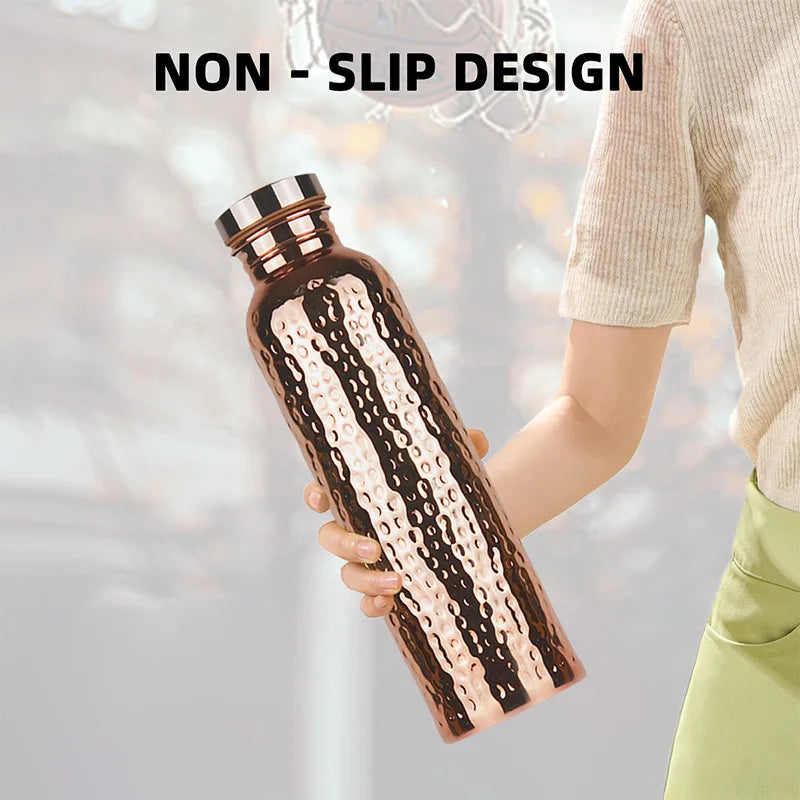 800ML Electroplated Copper Water Bottle One-Click Open Lid Anti-Slip Silicone Base Hammer Pattern Bottle Sports Bottle
