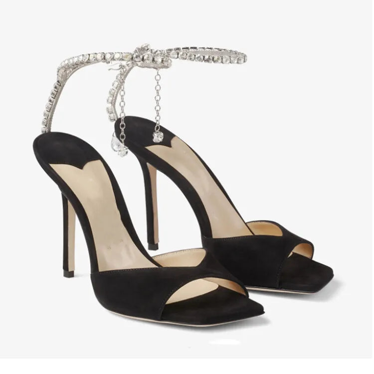 Colorful Chain Water Diamond Sandals Brand Walk Show Fish Mouth Evening Dress Elegant High Heels 2023 New Pendant Women's Shoes