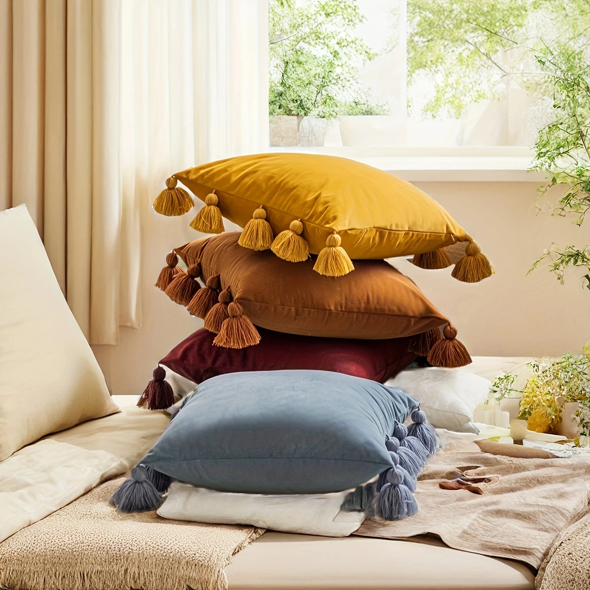 1pcSolid Decorative Throw Pillow Cover with Tassels Boho Accent Cushion Case for Couch Bedroom Car
