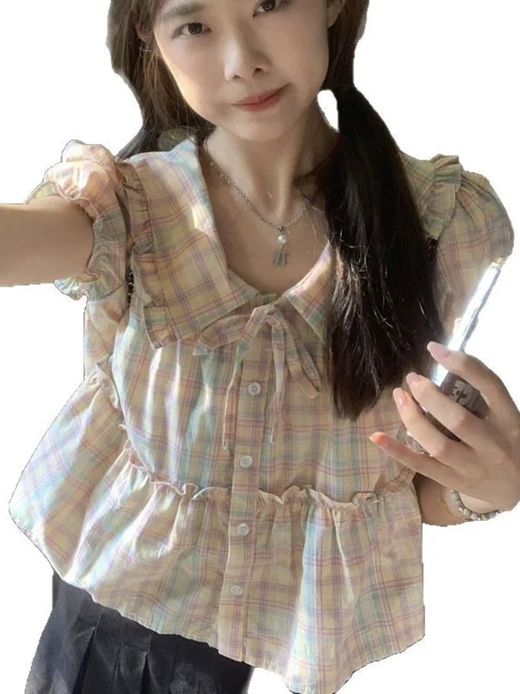 Preppy Style Sweet Plaid Shirt Women Summer Cute Peter Pan Collar Cropped Blouse Kawaii Casual Lace Up Lady Tops New