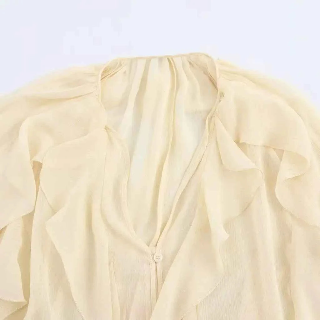 Women Casual Ruffled Shirt Women Loose Lace Up Hollow Out V Neck Tops Spring Blouses Women Clothes 4786063
