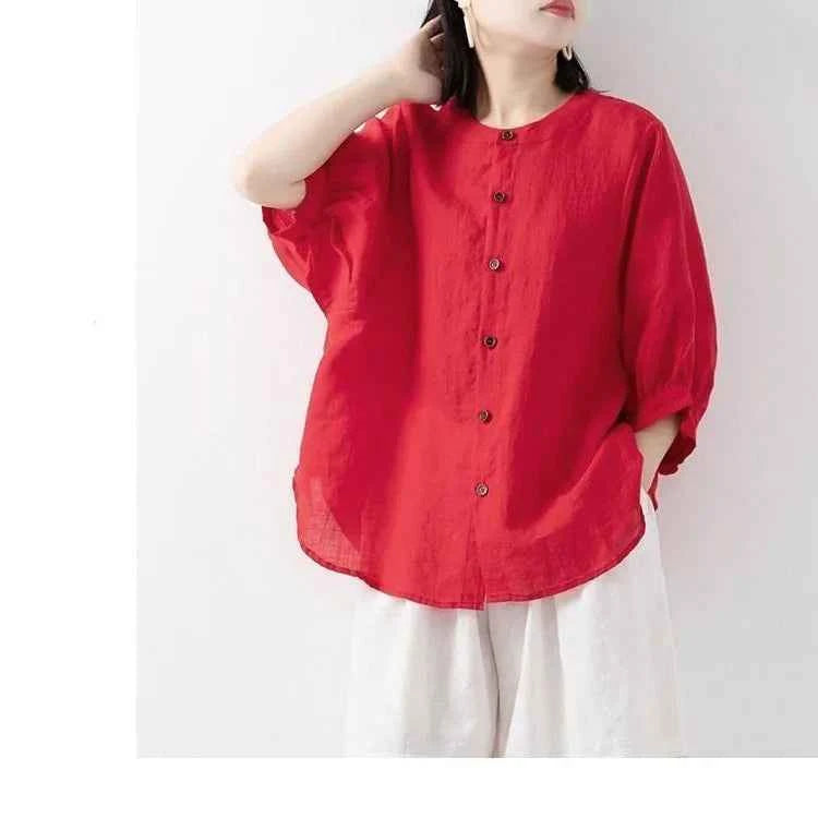 Cotton and linen shirt women's spring and summer thin solid color lantern sleeve stand collar top loose large size shirt