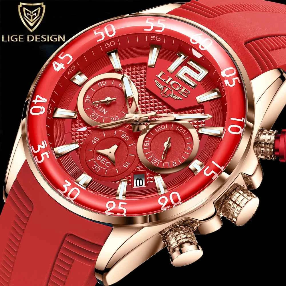 LIGE New Fashion Mens Watches Top Brand Luxury Quartz Wrist Watch Man Sport Red Silicone Watch for Men Reloj Hombre Chronograph