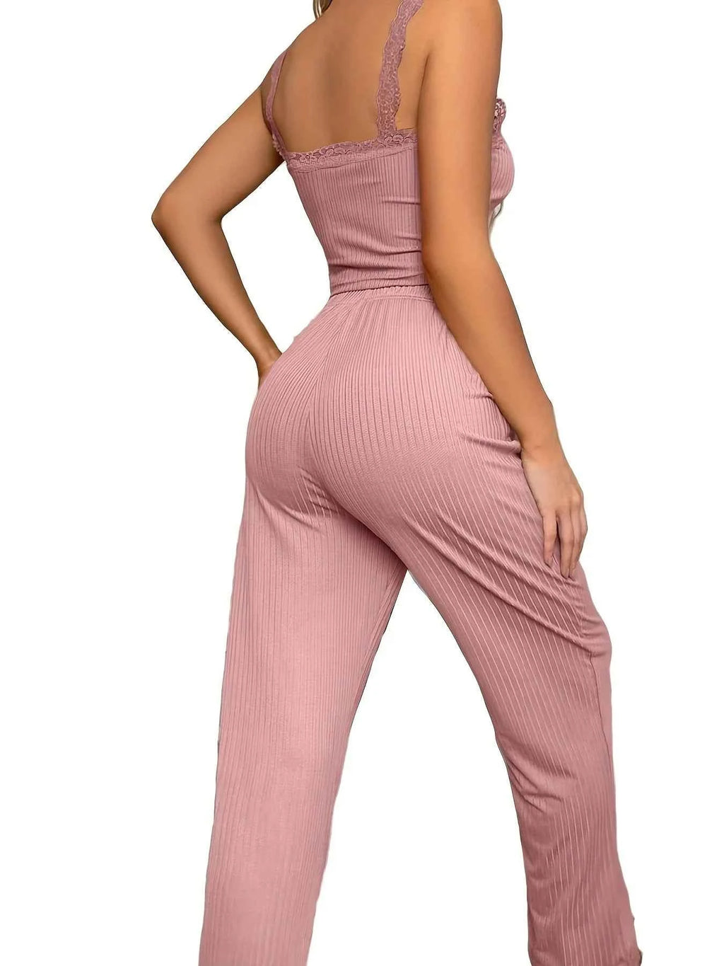 Women Ribbed Pajama Set Lace Trim Camisole Top & Drawstring Pants Sexy Sleepwear Autumn Soft Lounge Homewear