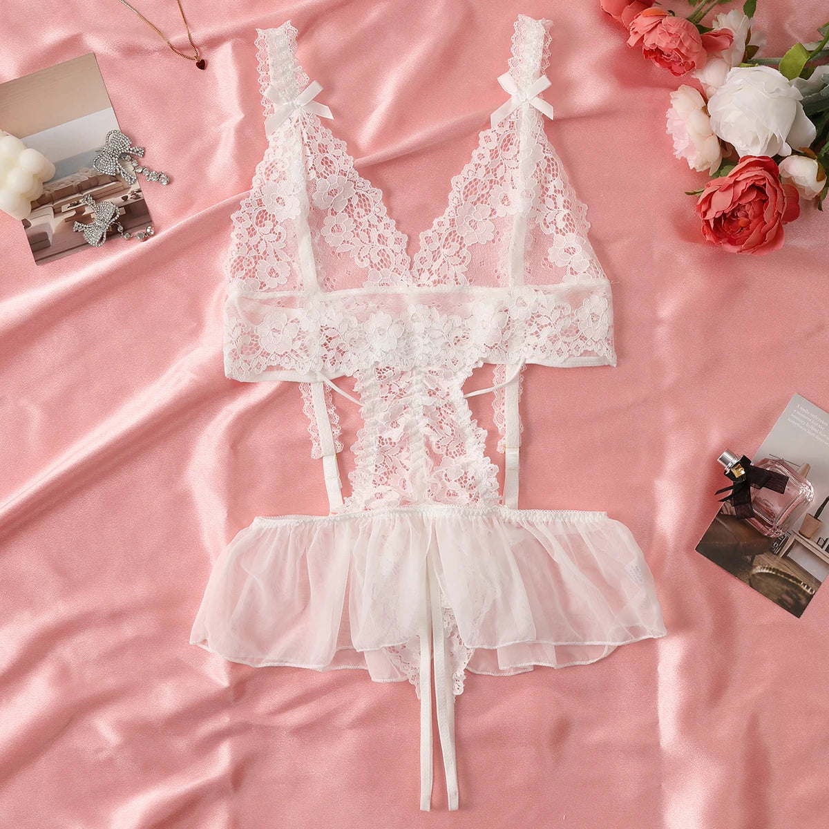 Sleeveless Sexy Solid Slip Nightdress Contrast Lace Round Neck Backless Sleep Mini Dress Women's Sleepwear Dresses Lingеrie Set