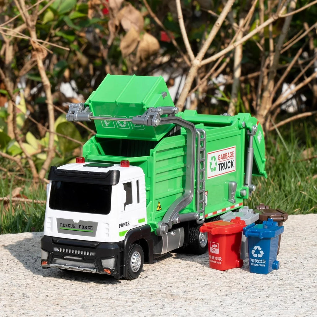 Realistic Garbage Truck Toy Set with Trash Can & STEM Learning Cards | 6+ Years Interactive Pull-Back Vehicle for Boys & Girls,