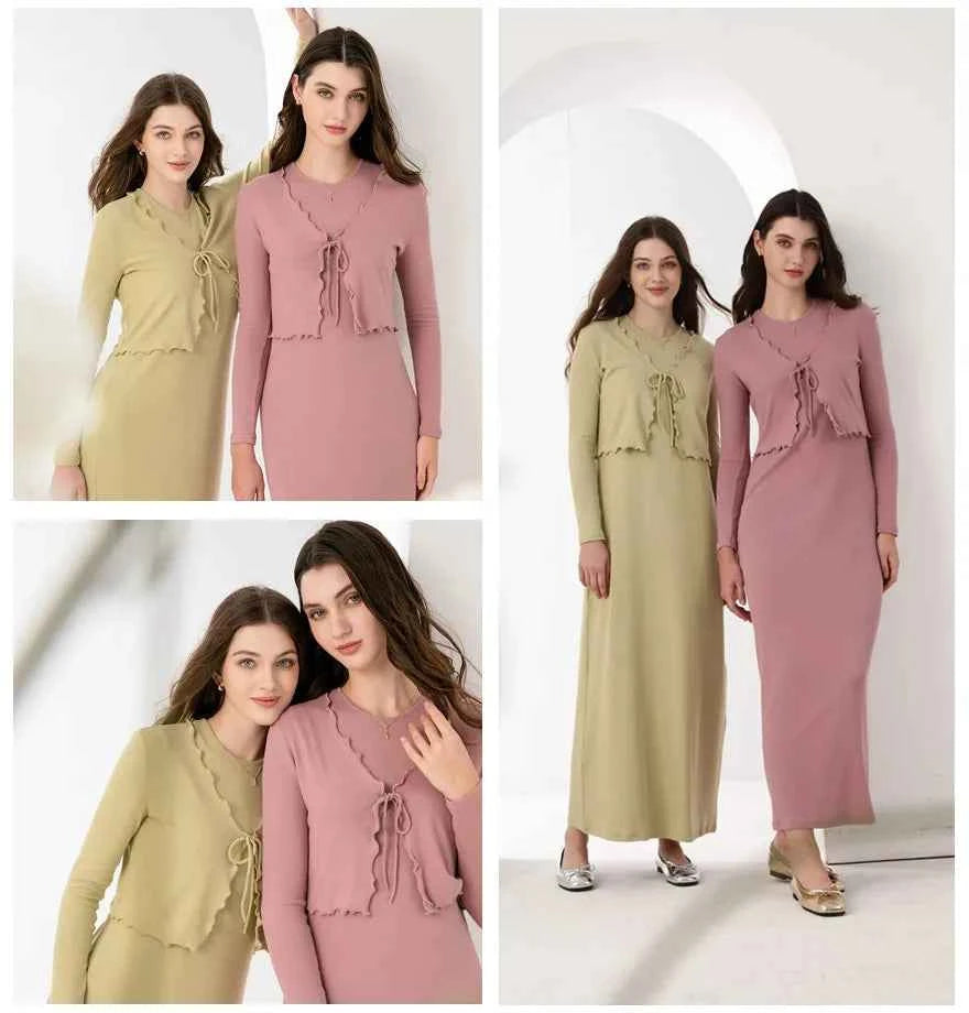 AS 2024 summer woman clothes lettuce cardigan + dress Ruffle Maxi Set nature fiber brand ribbing fabric(ship out in 1 day)