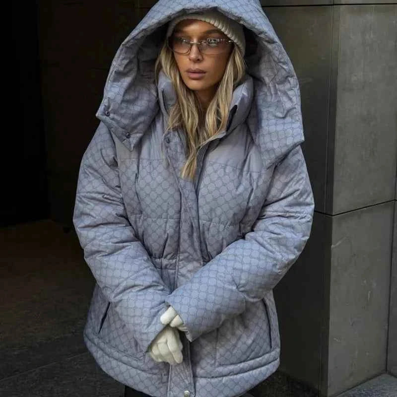 Printed Female Winter Cotton Quilted Jacket Hooded Thicken Zipper Single Breasted Long Sleeve 2025 New Casual Coat Loose Outwear