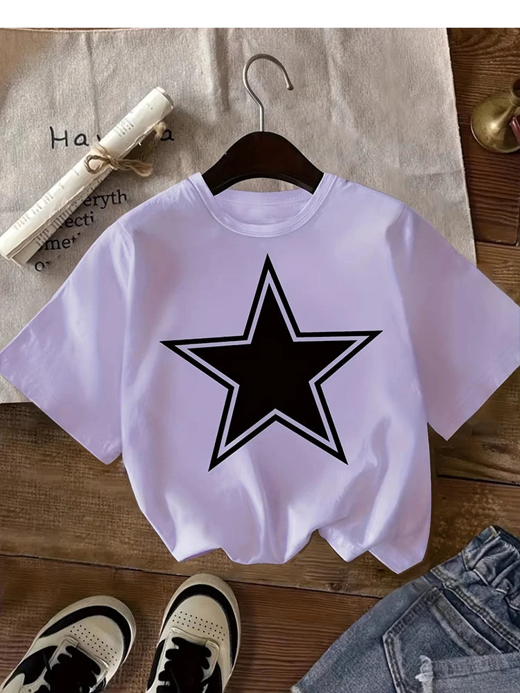 Kids Black Star Graphic T-Shirt, Soft Cotton, Minimalist Casual Wear for Boys & Girlstk0118