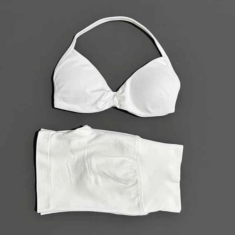 HISTELLO Gym Set 2 Piece Women Strappy Yoga Bra Top Workout Scrunch Shorts Sports Suit Fitness Clothes Seamless Yoga Set