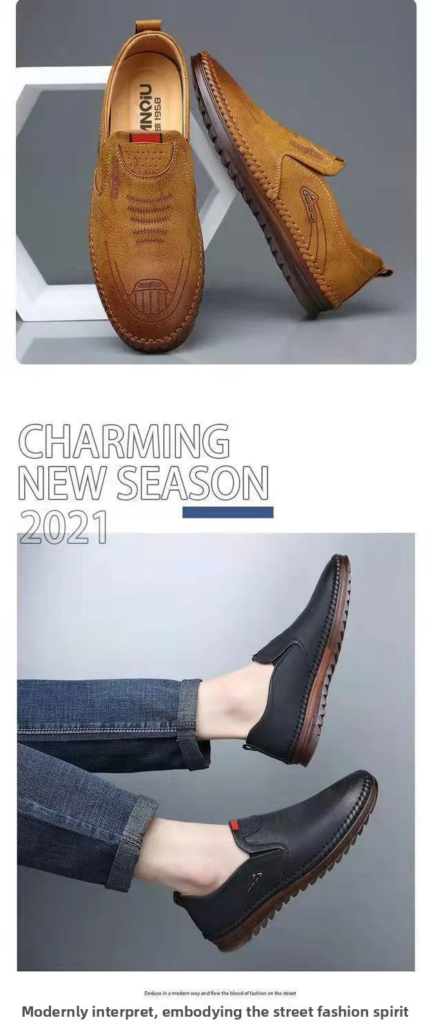 Fashionable Soft Leather Men's Shoes Wear-Resistant Bean Bean Shoes Breathable round Toe Flat Heel Casual Shoes for Spring