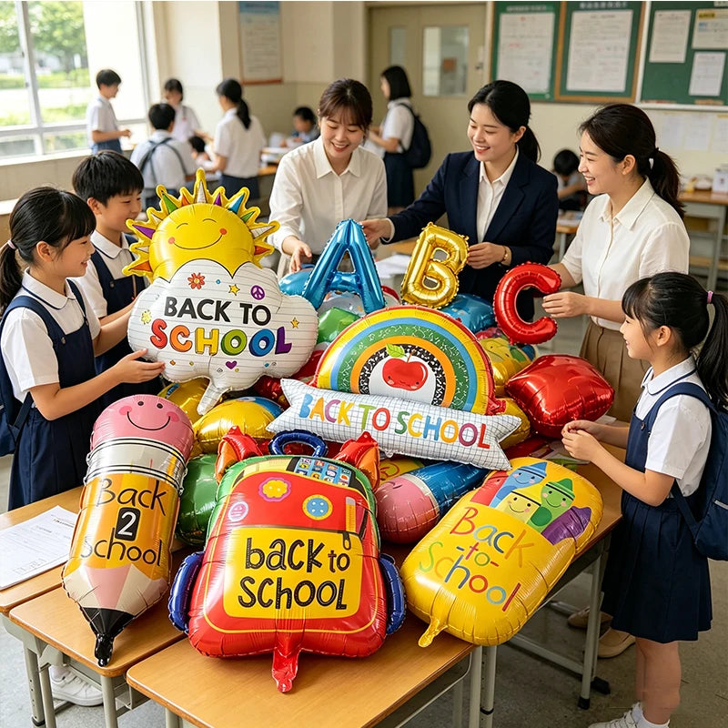 8Pcs Back To School Foil Balloons Large School Bag Pencil Crayon ABC Balloons for Kids Classroom First Day of School Decoration