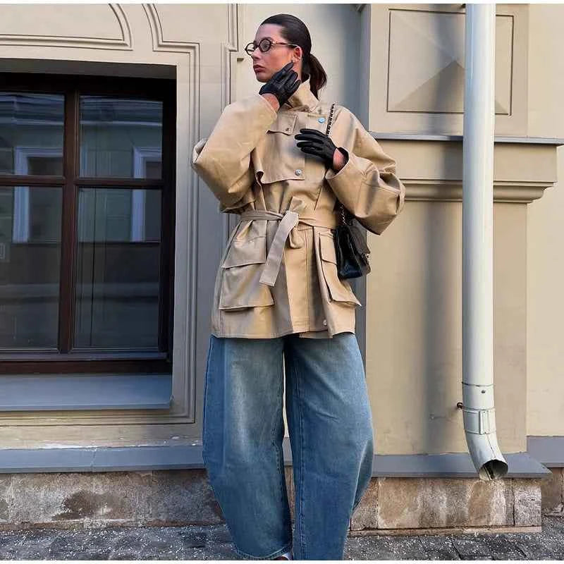 Cropped Lace-up Blue Casual Trench Coat Women Lapel Long Sleeve Wide Shoulder Windbreaker Jacket Fall Commute Daily Streetwear
