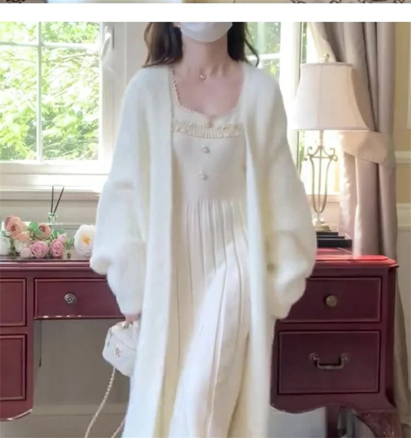 White Gentle Mink Fur Sweater Knitted Cardigan Women's 2024 Autumn Winter New Loose Versatile mid to long Lazy Milk fufu Jacket