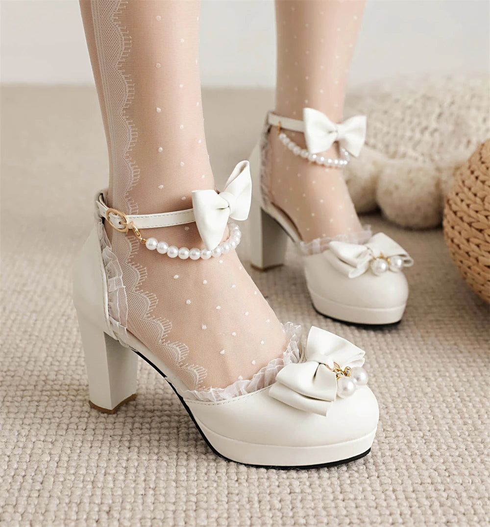 Spring Pearl Ankle Strap Women High Heels Mary Jane Pumps Party Wedding Cosplay White Pink Bow Princess High-heeled Lolita Shoes
