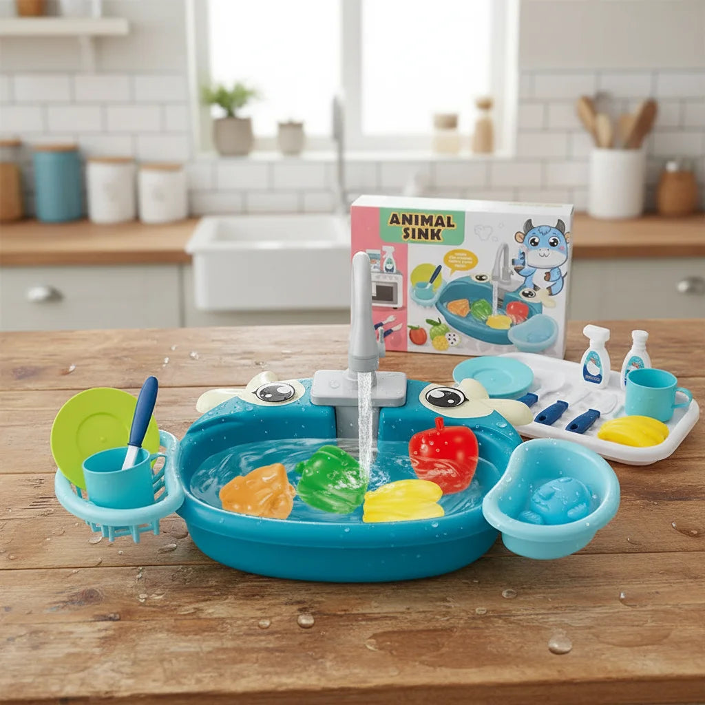 Kids Kitchen Sink Toys Electric Dishwasher Playing Toy with Running Water Pretend Play Food Fishing Toy Role Playing Girls Gift