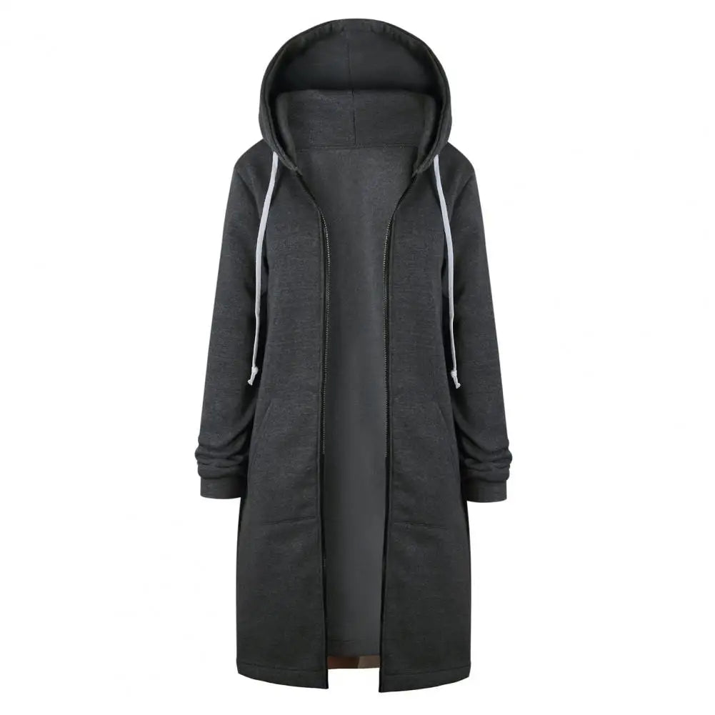 Plush Hooded Drawstring Women Jacket Thick Long Sleeves Zip Up Knee Length Autumn Coat Hooded Long Loose Winter Sweatshirt
