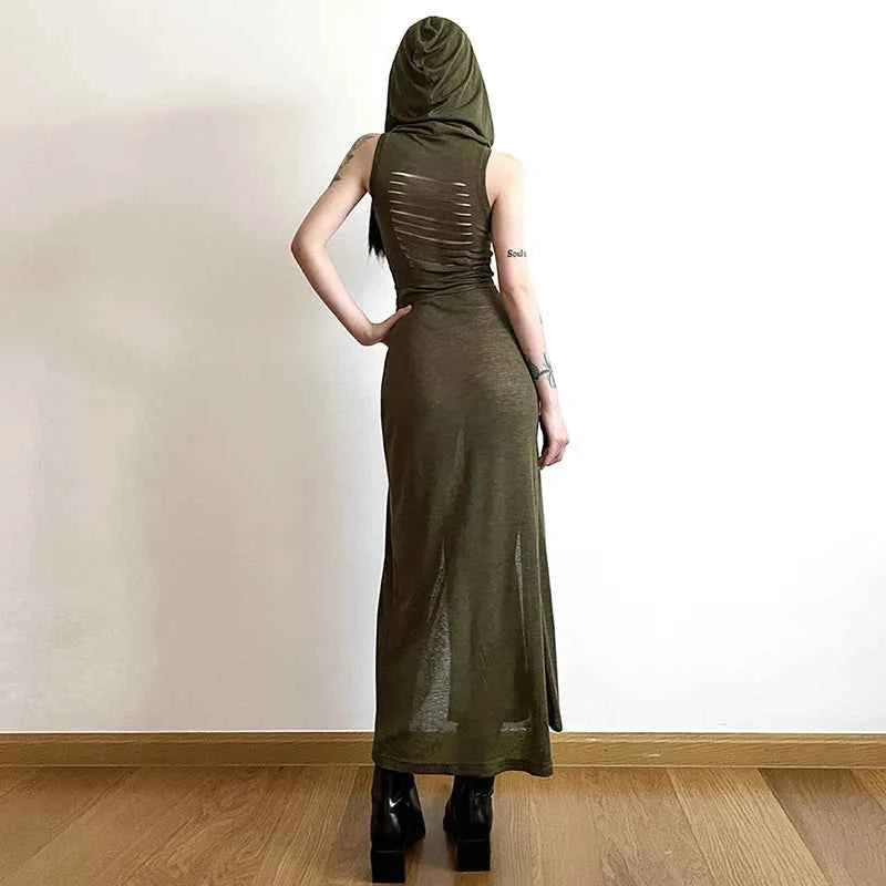 Summer 2023 Sexy European And American Style Sleeveless Hooded Dress Long Split Hollow out Pure Color Women's Gown