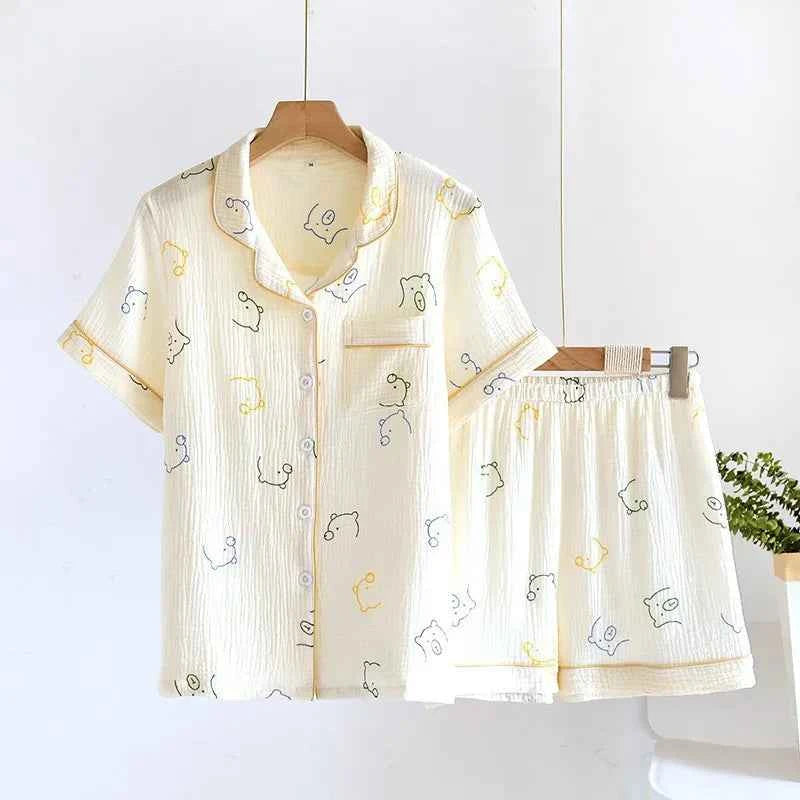 2025 Summer Women Pajamas Cute Tulip  Printing Sleepwear 100% Cotton Gauze Female 2 Piece Set  Nightwear Pyjamas Loungewear