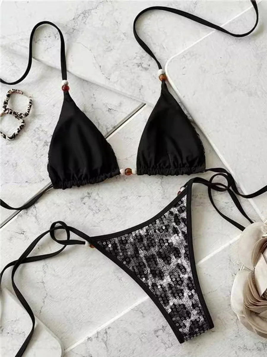 2026 Leopard Sequins Halter Strappy Bikini Women Swimwear Female Swimsuit Two-pieces Bikini Set Bather Bathing Suit Swim Lady