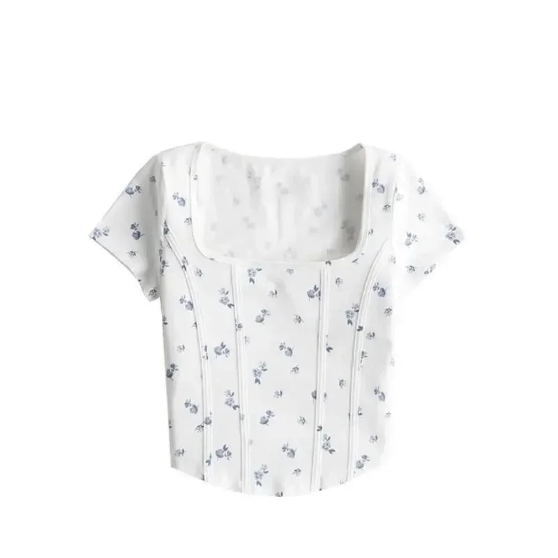 T Shirt Crop Top Women Summer 2026 Flowers Print Cotton Square Collar Pullovers Woman Short Sleeve Tees Slim Fit Sexy Top Female
