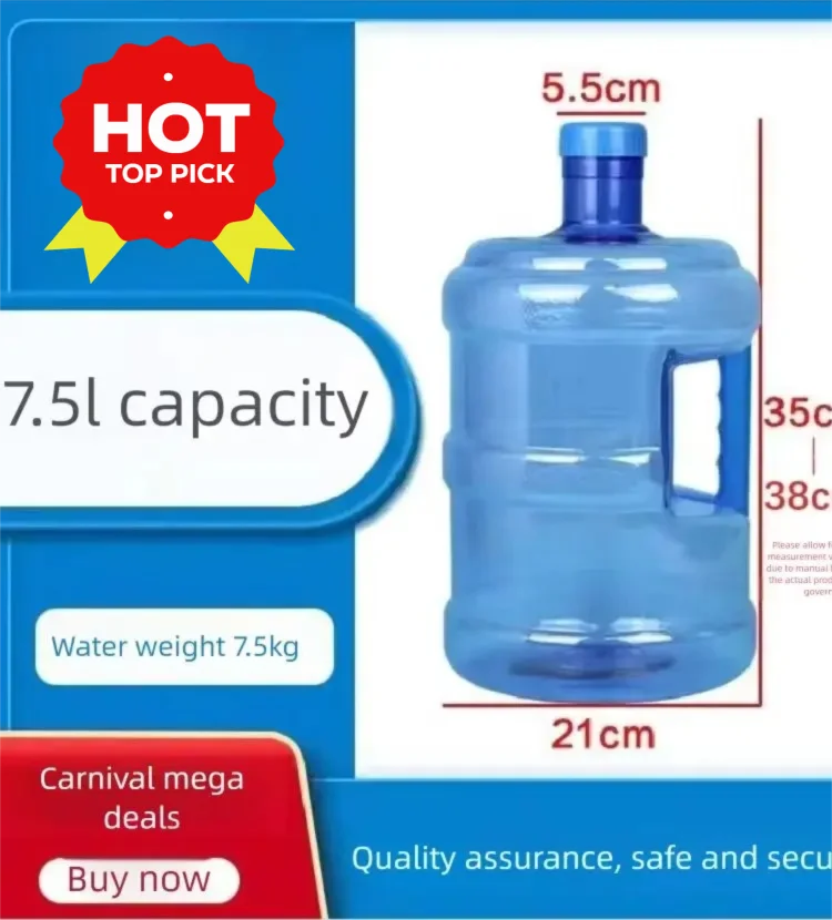 7.5L Water Bottle with Cap, Food Grade Blue Transparent Plastic, for Water Dispenser, Home/Office Use