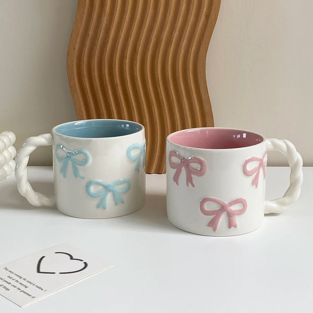 1Pc 13.4oz Pink Ceramic Mug with Bowknot, Ceramic Cup with Twisted Handle, Exquisite and Simple Pink Embossed Cup, Suitable for Latte Art in Coffee Shops, Home Decor Drinkware, Drinking Cup for Kitchen, Living Room, Bedroom,