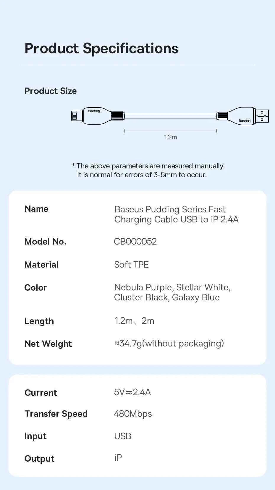 Baseus TPE 2.4A Fast Charging USB Cable for iPhone 14 13 Pro Max Xs Xr X 8 Plus Cable for iPhone iPad Air Mini 4 Charger Cable
