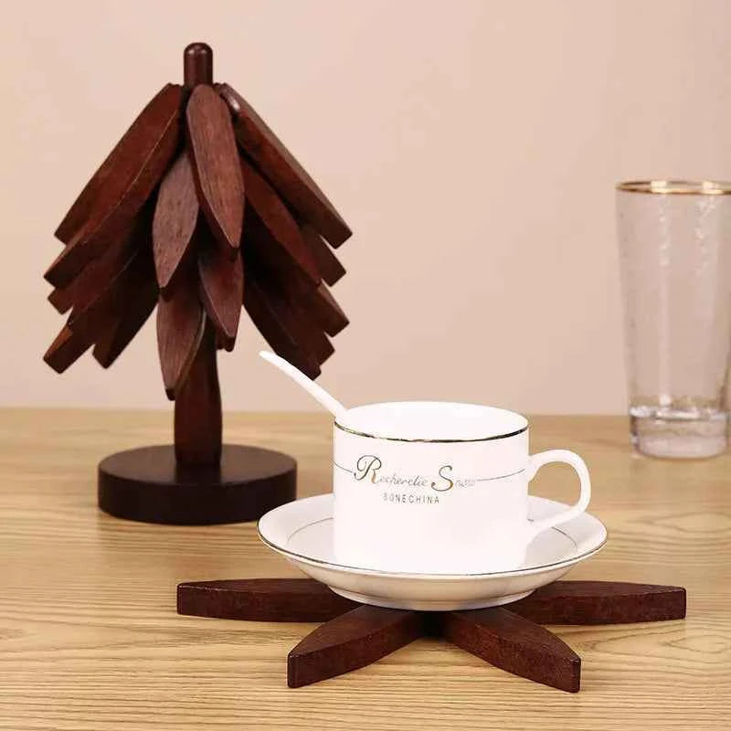 Tree Shape Wooden Trivet Set 4 Trivets + 1 Stand for Hot Dishes Natural Foldable Kitchen Trivet for Pot Bowl Teapot Hot Pot Hold
