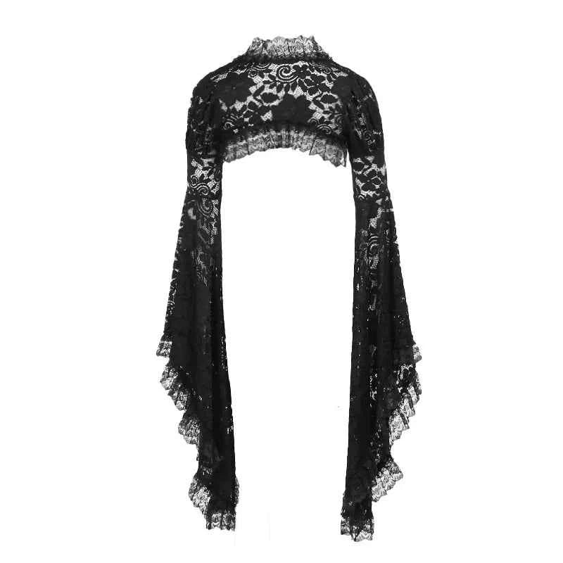 Gothic Classic Lace Cover Ups Women Mesh Crop Top See Through Sexy Flare Sleeve Blouse Y2k Black Rave Outfit Festival