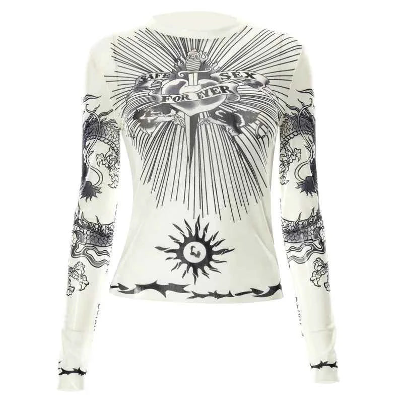 Y2k Aesthetic Punk Clothes Graphic Tees Women Gothic Fashion Full Sleeve Woman Tshirts See Through Streetwear Egirl Tops T Shirt