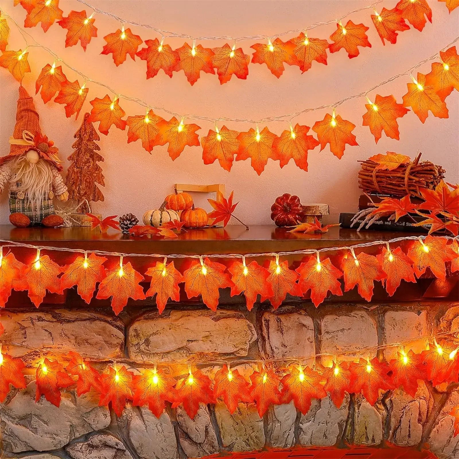 Indoor Home Autumn Harvest Festival Decor 1PC 3D Pumpkin & Maple Leaves String Lights Halloween Thanksgiving Decor Lamp