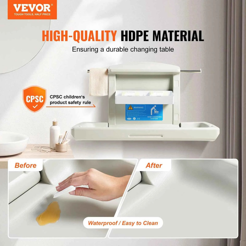 SucceBuy Wall-Mounted Baby Changing Station Horizontal Foldable Diaper Change Table Safety Straps and Hanging Rods for Newborns
