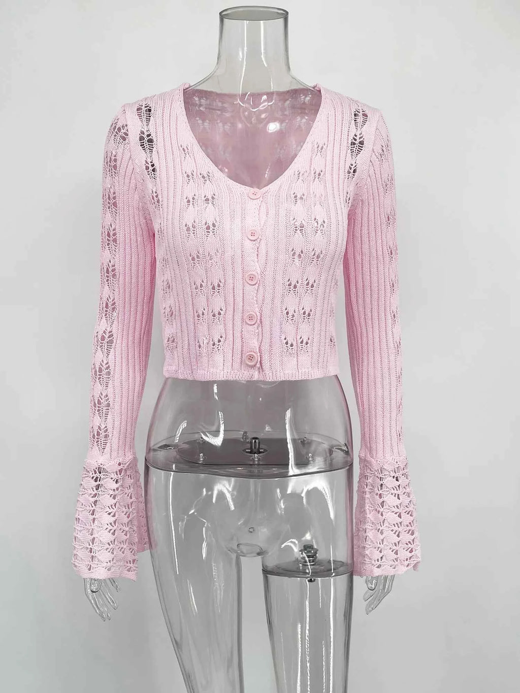 Trendix Summer Knit Long Sleeve Cardigan For Women V Neck Solid Bodycon Hollow Out Short Tops Party Club Slim Vacation Top Femme