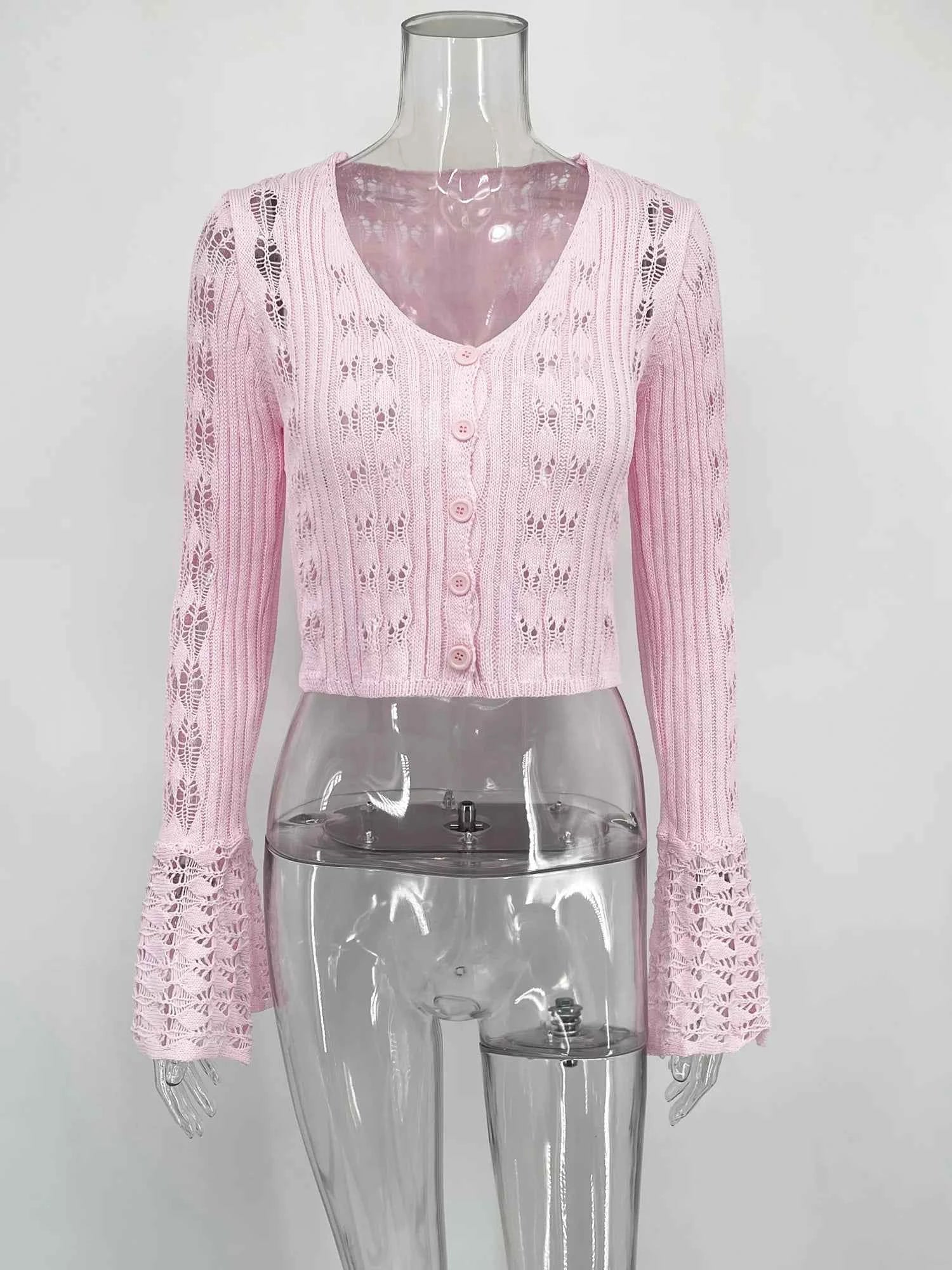 Trendix Summer Knit Long Sleeve Cardigan For Women V Neck Solid Bodycon Hollow Out Short Tops Party Club Slim Vacation Top Femme