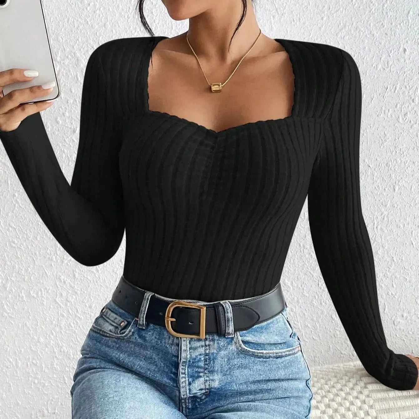 Women's Fashion Diamond Collar Knitted Base Shirt Casual Long Sleeve Top Knitwear Trendy Elegant Style