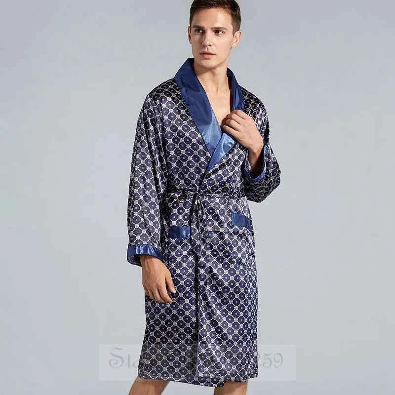 Plus Size 3XL 4XL 5XL Men Robe Sleepwear Navy Blue Stripe Kimono Bathrobe Gown with Pocket Summer Satin Home Clothes Lounge Wear