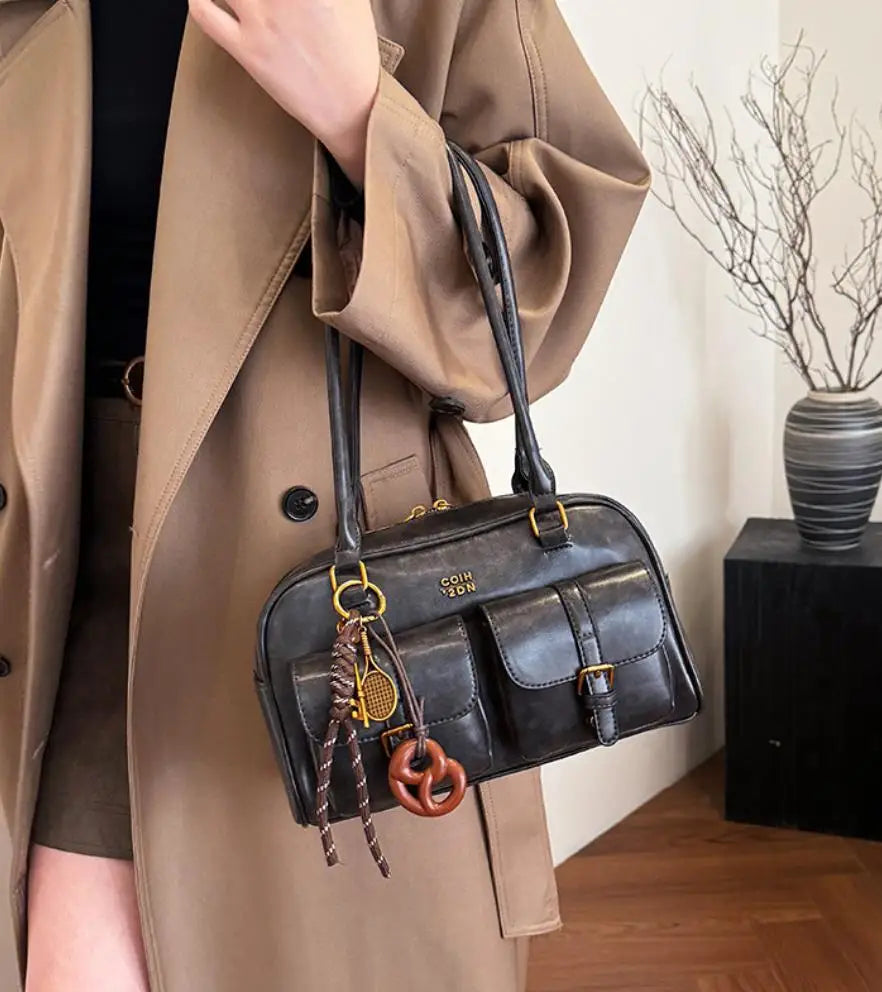Women Multi Pocket Shoulder Tote Bag with Golden-Tone Hardware & Letter, Stylish Handbag Purse for Travel, Work, Shopping, Dates