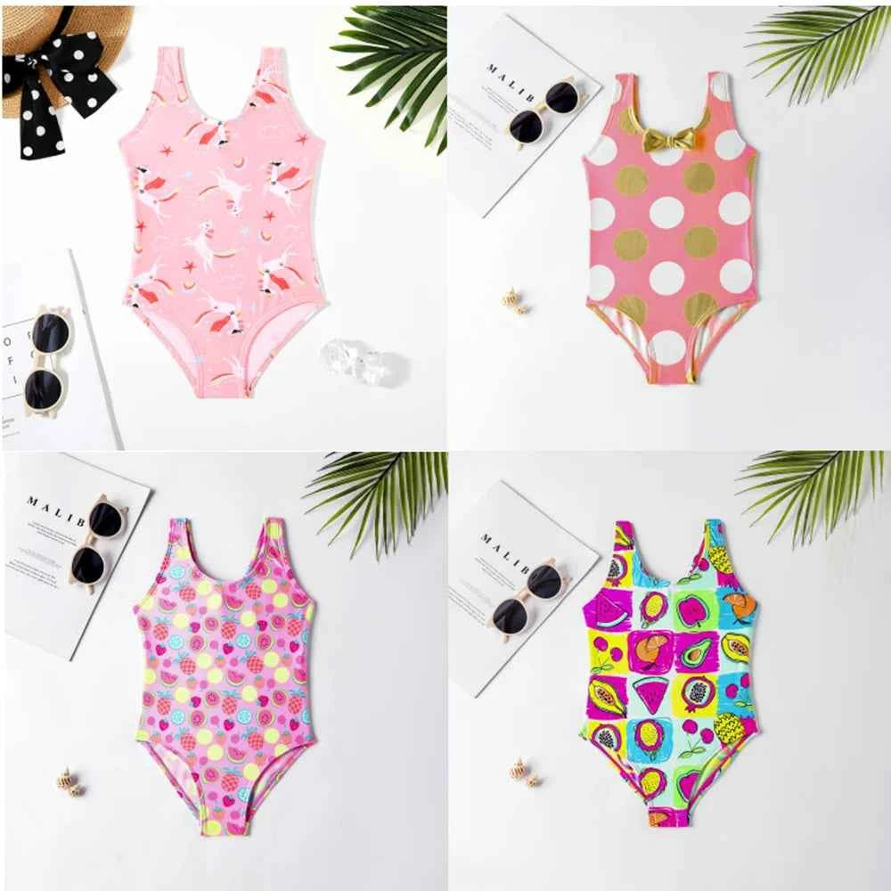 Girls' one-piece cartoon print swimsuit, children's polka-dot animal one-piece swimsuit with hollow back, beach wear
