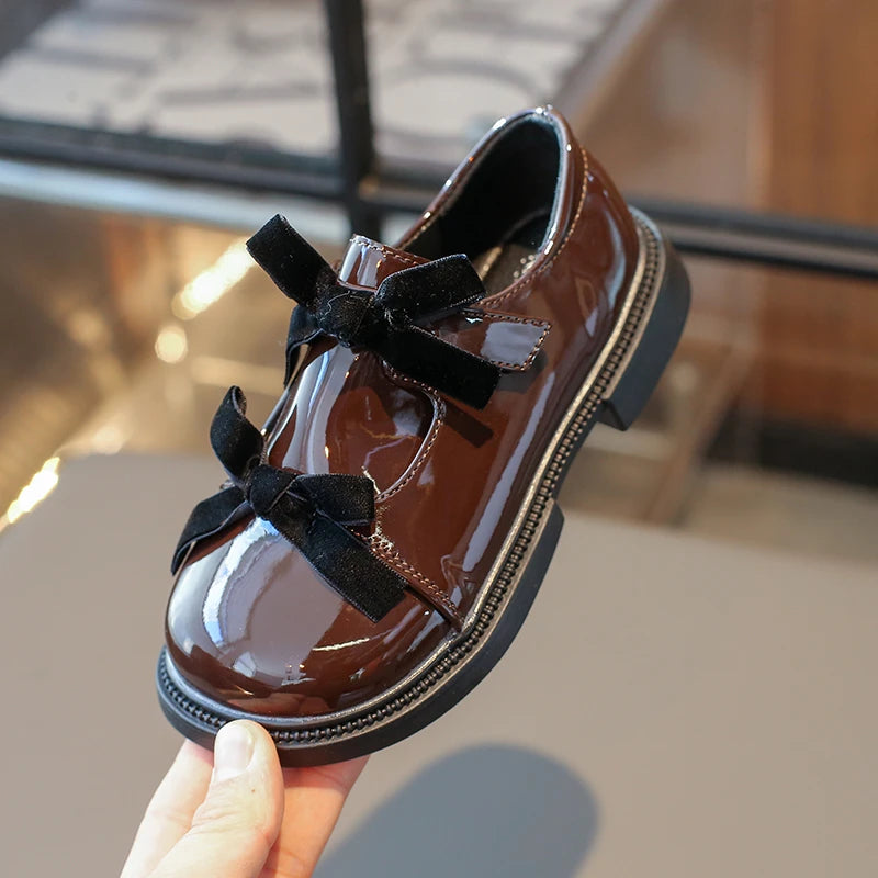 Chic Girls Black Mary Jane Shoes with Double Bowknot Spring Autumn Kids Princess Leather Shoe Fashion Causal Children Flat Shoes