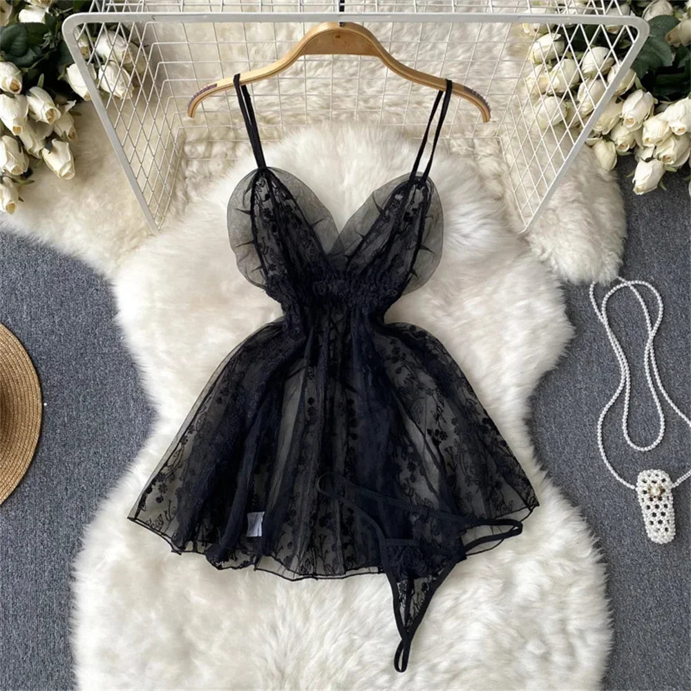 Women's V-neck Sexy Elegant Lace Camisole Jumpsuit Hollowed Transparent Tight Fitting Pajama Adjustable Shoulder Straps Hotsweet