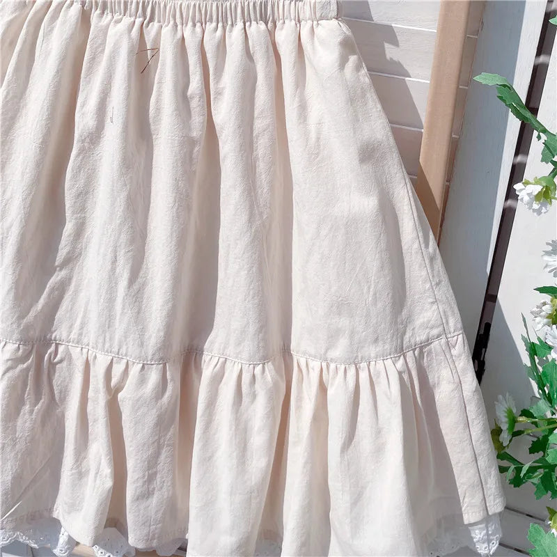 Ruffles Lace Patchwork Cotton White Mini Skirt High Waist A-Line Skirts For Women 2024 Summer