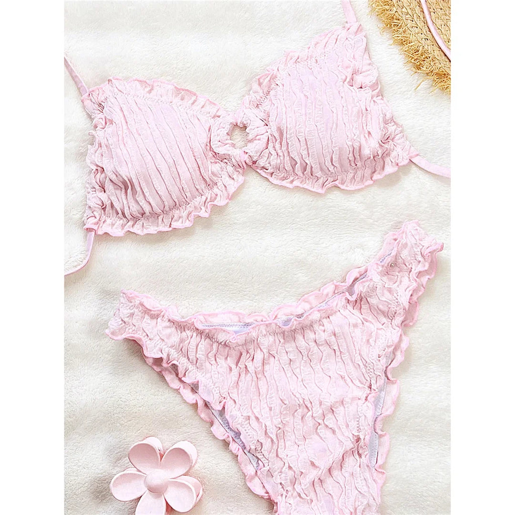Wrinkled Crinkled Frilled Bikini Female Swimsuit Women Swimwear Two-Pieces Bikini Set Brazilian Bather Bathing Suit Swim V8053